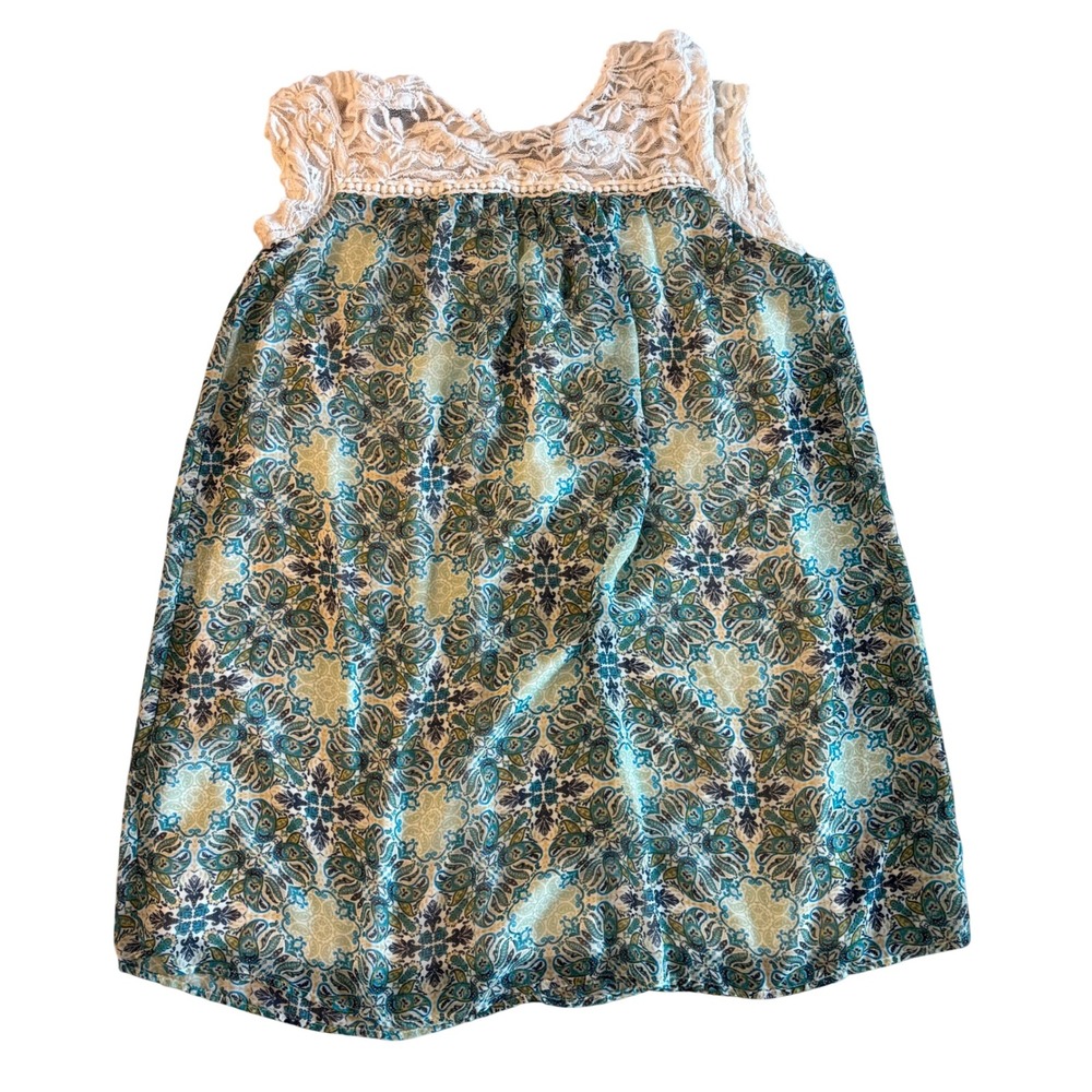 AUW Womens 1X Blue Green Paisley Medallion Sleeveless Top White Crochet Lace